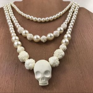 3 Strand Skull Rose Faux Pearl Necklace